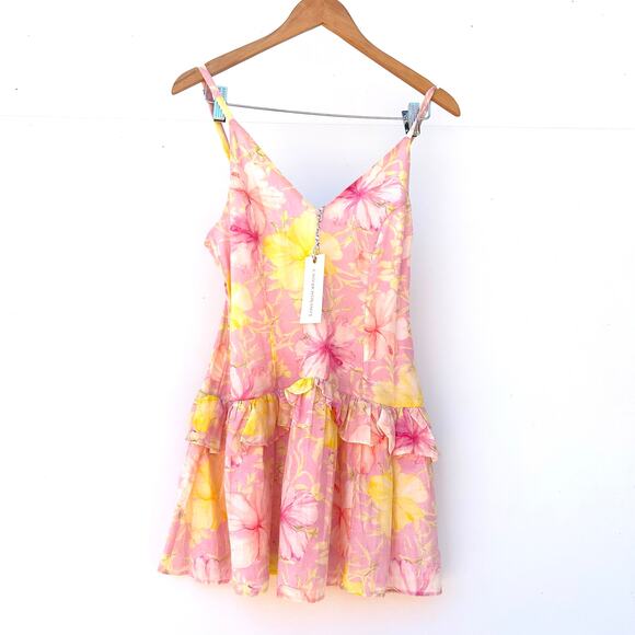 New LoveShackFancy Fabienne Cotton Silk Ruffle Mini Dress Pink Floral Size 4 - Picture 2 of 11